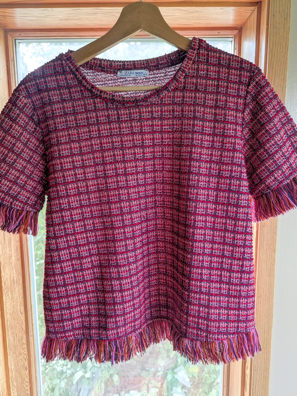 Zara Multicolor Pink Tweed Fringe Short Sleeve Top